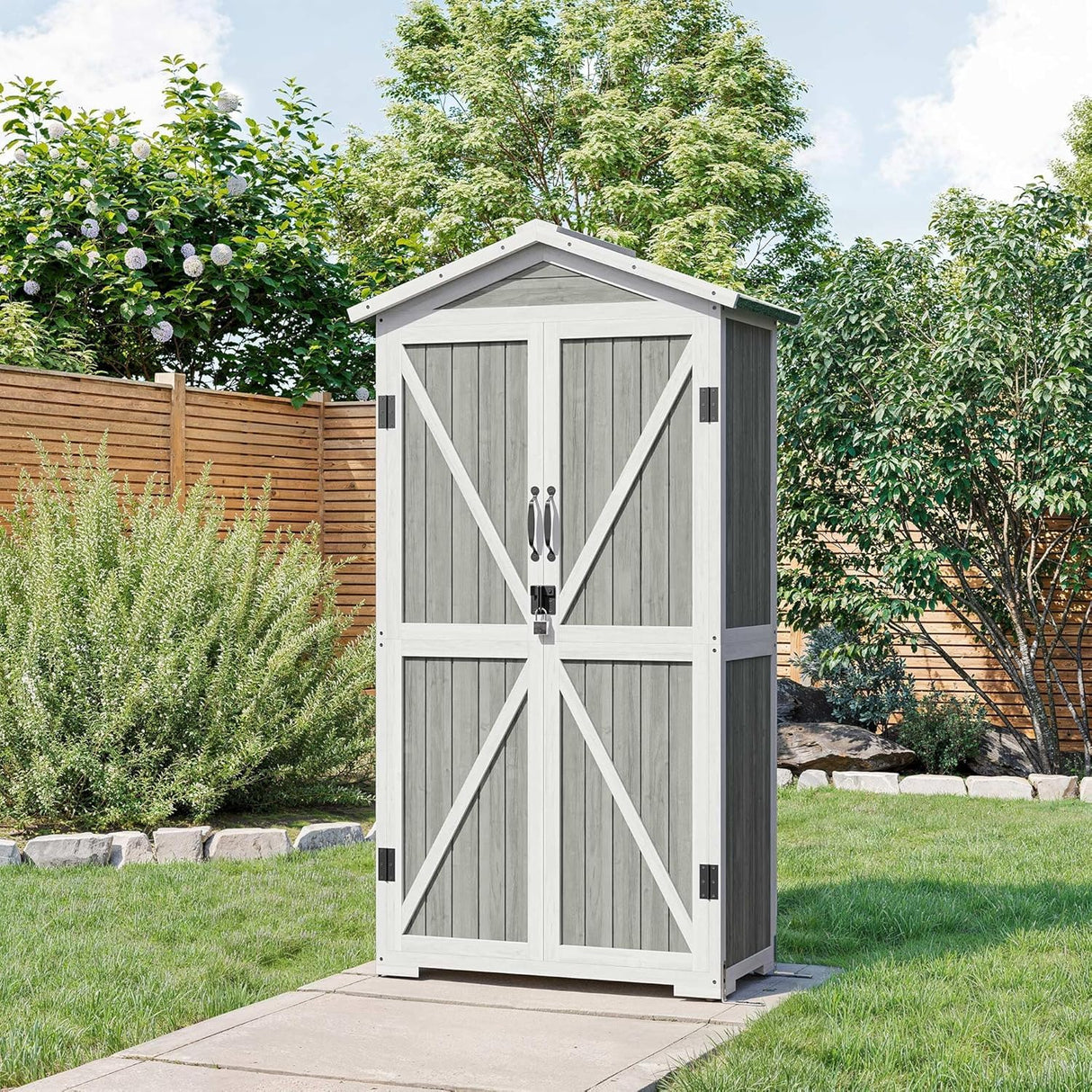 BELLEZE Outdoor Storage Cabinet with 4 Removeable Shelves, Wooden Garden Tall Storage Shed Lockable Tool Storage Cabinet with Waterproof Roof, Outside Tool Shed for Patio Lawn Yard Backyard - Gray BELLEZE