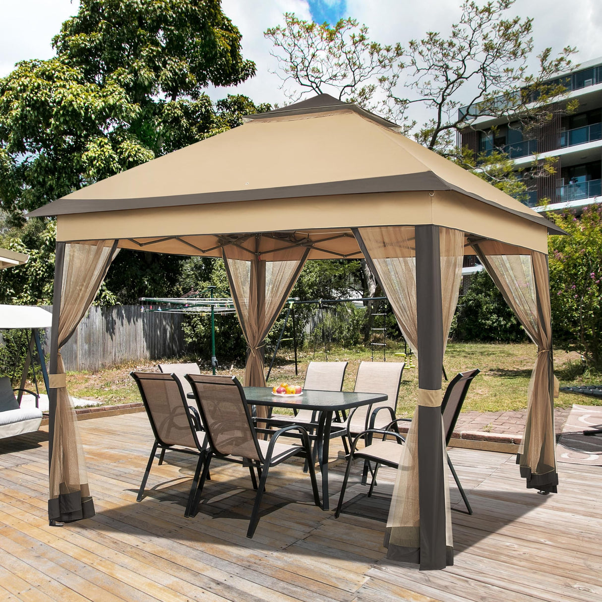 Yaheetech 11x11 Pop Up Gazebo Outdoor Canopy Shelter, Instant Patio Gazebo Sun Shade Canopy Tent with 4 Sandbags, Double Tiers & Mesh Netting for Lawn, Garden, Backyard & Deck, Khaki Yaheetech