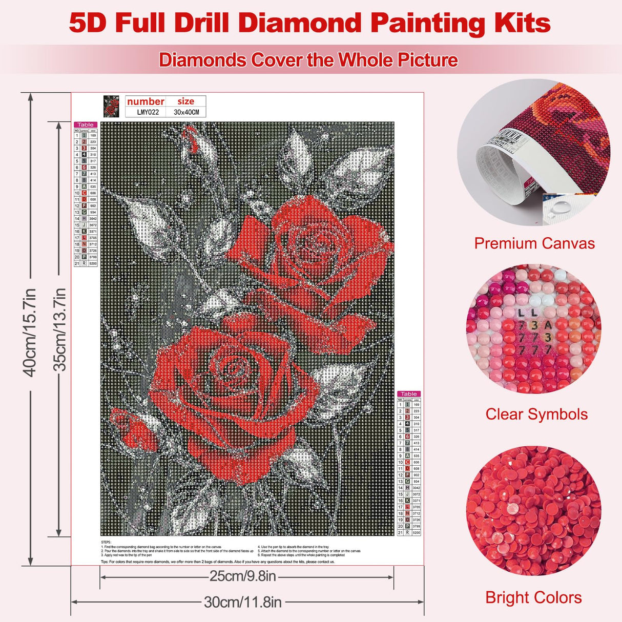 MEIYUDA Rose Diamond Painting Kits for Adults, 5D Red Rose Diamond Art Kits for Beginners, Floral Flowers DIY Gem Art Crystal Painting for Home Wall Decor Gift 12x16in MEIYUDA