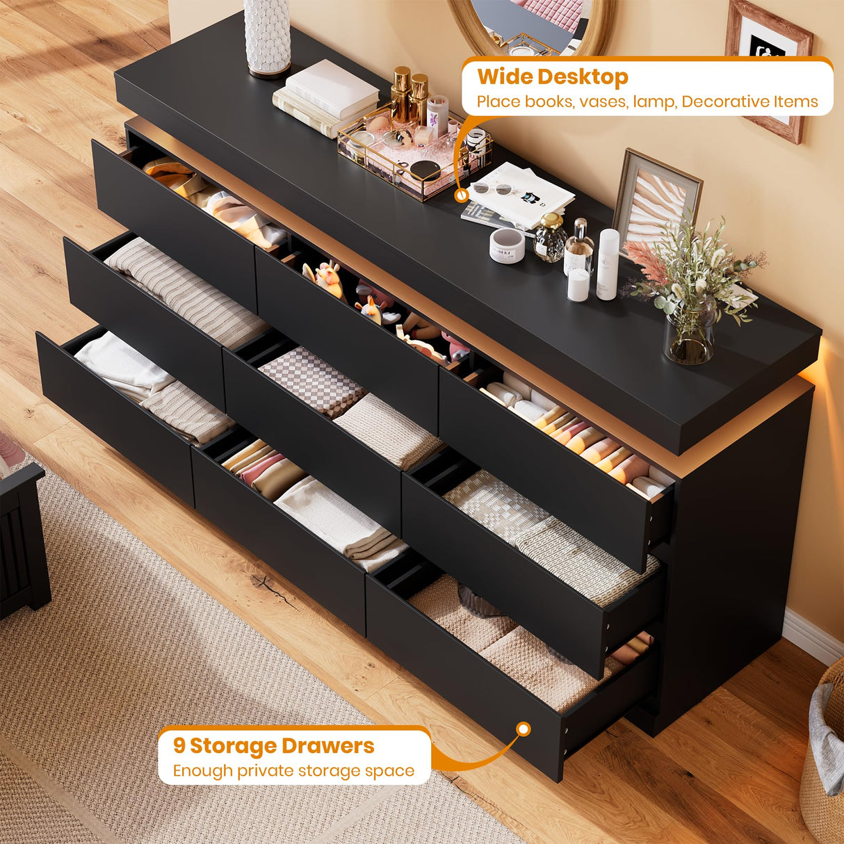 Garvee 9 Drawer Dresser for Bedroom - 63” Wide Chest of Drawers with LED Light and Charging Station, Large TV Stand Multi-Function Home Organizer for Living Room, Entryway, Hallway, Black Garvee