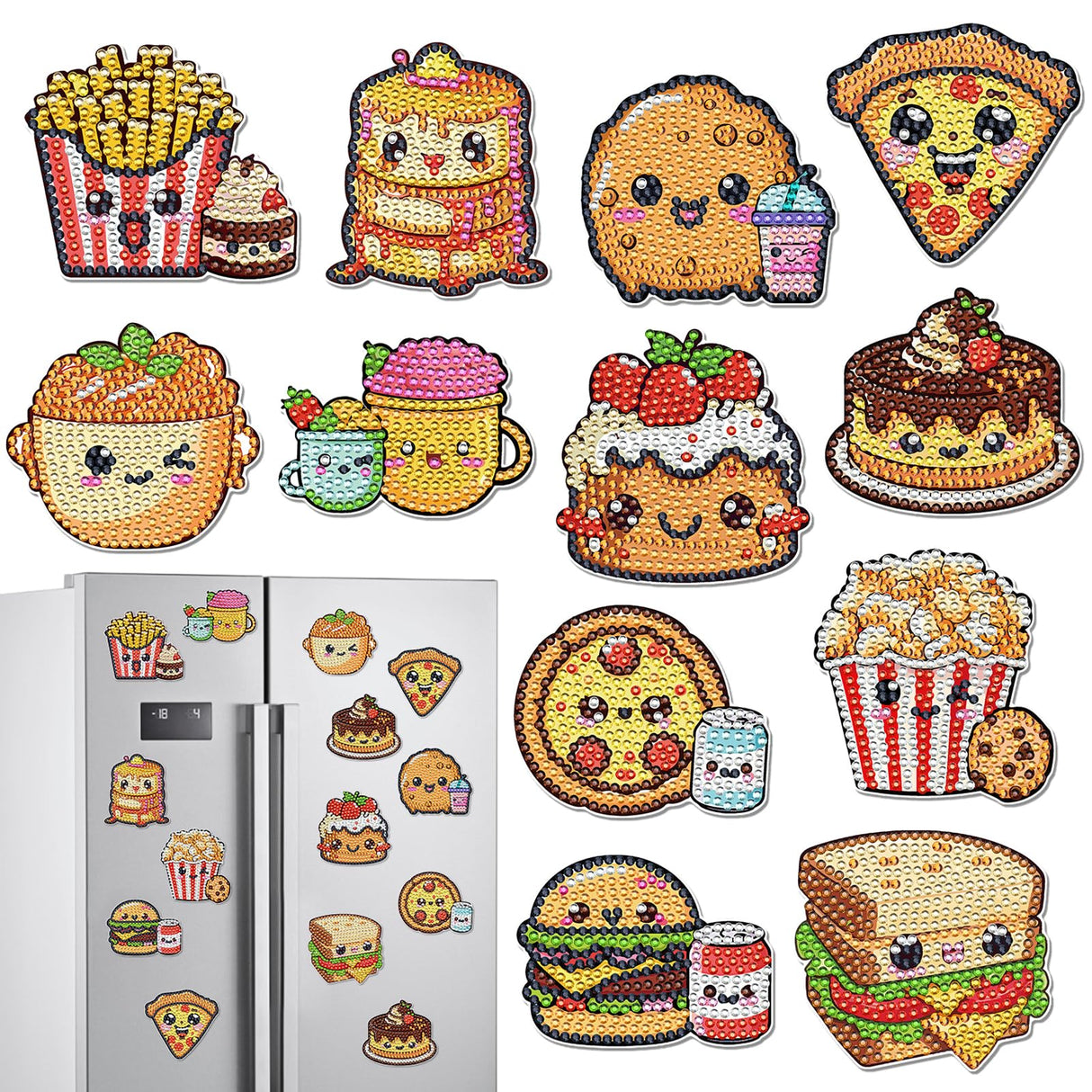 INCOK Refrigerator Diamond Art Magnets - 12 PCS DIY Diamond Painting Fridge Magnets with Cute Hamburg Fries Pizza Popcorn Sandwich Cake Pattern Fast Food Home Decors Birthday Gift for Adults Beginners INCOK