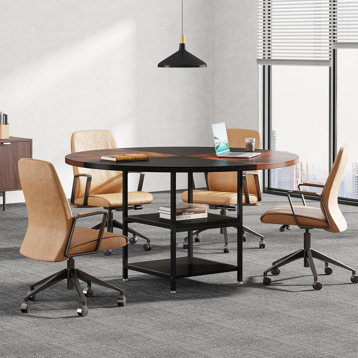 Tribesigns 47-Inch Round Conference Table for 4-6 People, Wood Meeting Room Table with Storage Shelf and Metal Legs, Modern Office Training Desk for Conference Room Seminar Room (Black Brown) Tribesigns