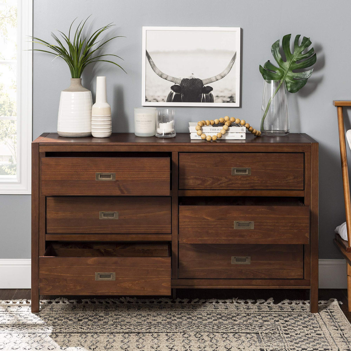 Walker Edison Traditional Simple Wood Accent Entryway Console Sideboard Living Room Storage Shelf, 6 Drawer, Walnut Walker Edison