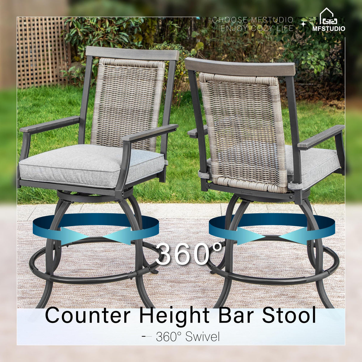 MFSTUDIO 3-Piece Outdoor Bar Set with 2 Swivel Wicker Rattan Cushion Chairs and 1 Metal Table, Perfect Patio Counter Height Table and Chairs MFSTUDIO