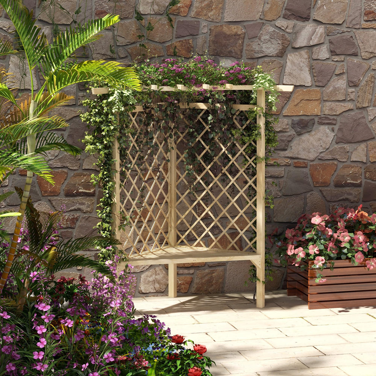 Outsunny 55" Garden Arch Bench, Wooden Trellis Park Bench for Outside with Slatted Seat, Lattice Backrest for Climbing Plants & Vines Outside On Lawn, Porch, Deck, Natural Outsunny