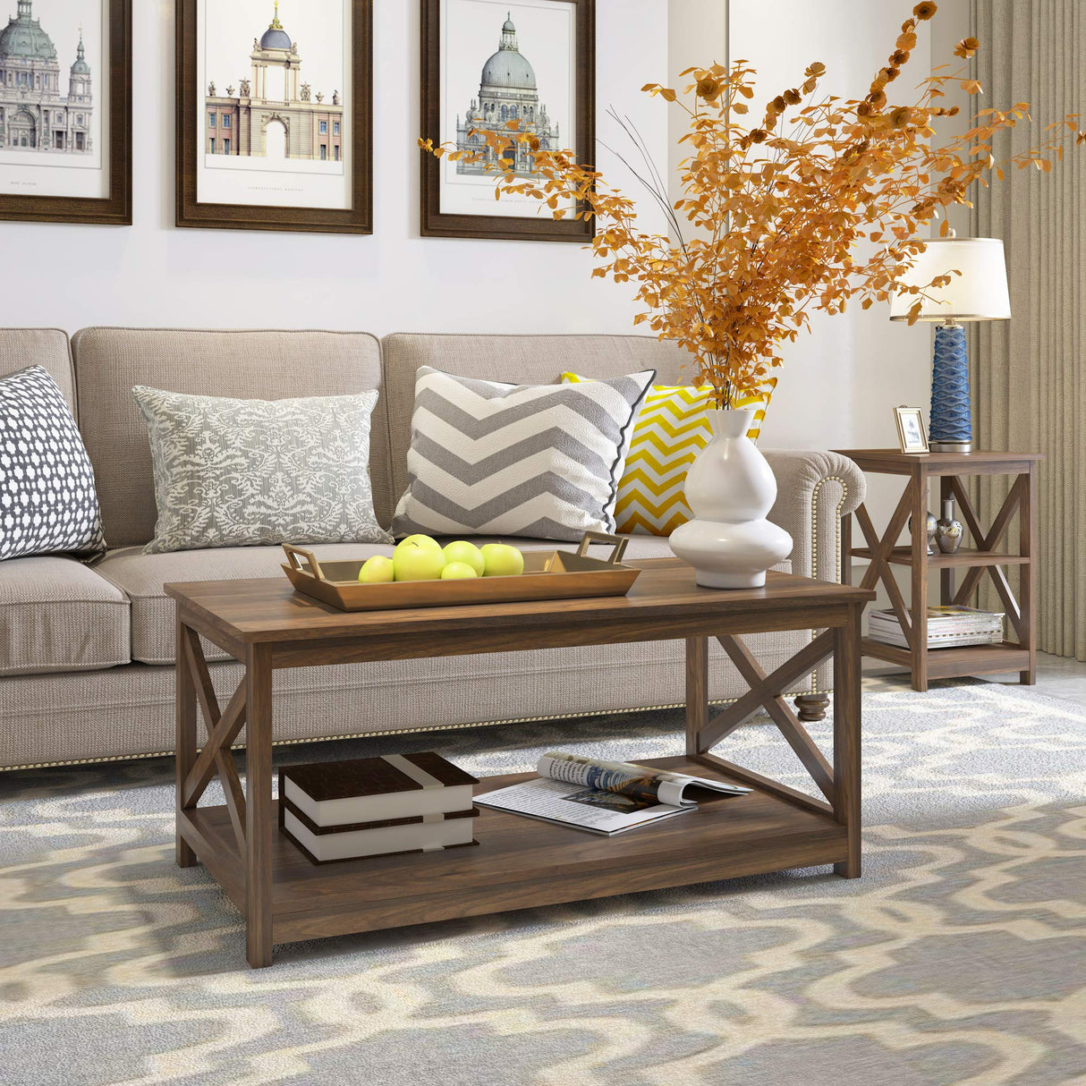 Rainbow Sophia Coffee Table, Modern Farmhouse Wood Coffee Table with 2-Tier Storage, 40 Inch, Dark Walnut Rainbow Sophia