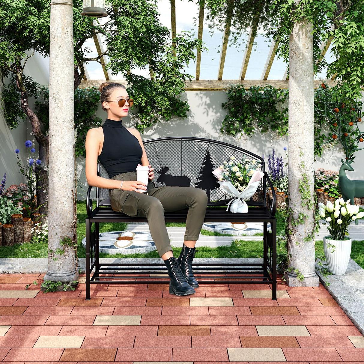 HavenlyYouth Outdoor Bench, Garden Bench with Backrest and Armrests, Patio Bench with Forest Series Pattern, Anti- Rust Thickened Metal Bench Outdoor for Garden, Yard, Patio, Porch, Lawn and Park HavenlyYouth