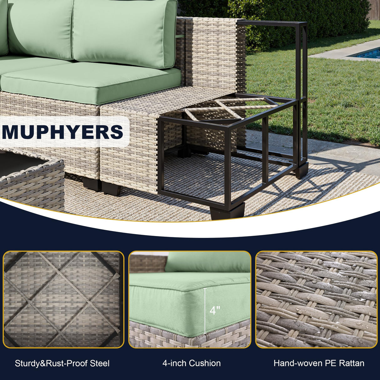 Muphyers 13-Piece Outdoor Patio Furniture Set with Rocking Swivel Chair, Wicker Rattan Sectional Sofa Conversation Set with 55,000 BTU Fire Pit Table with Ottomans, Backyard Furniture, Light Green Muphyers