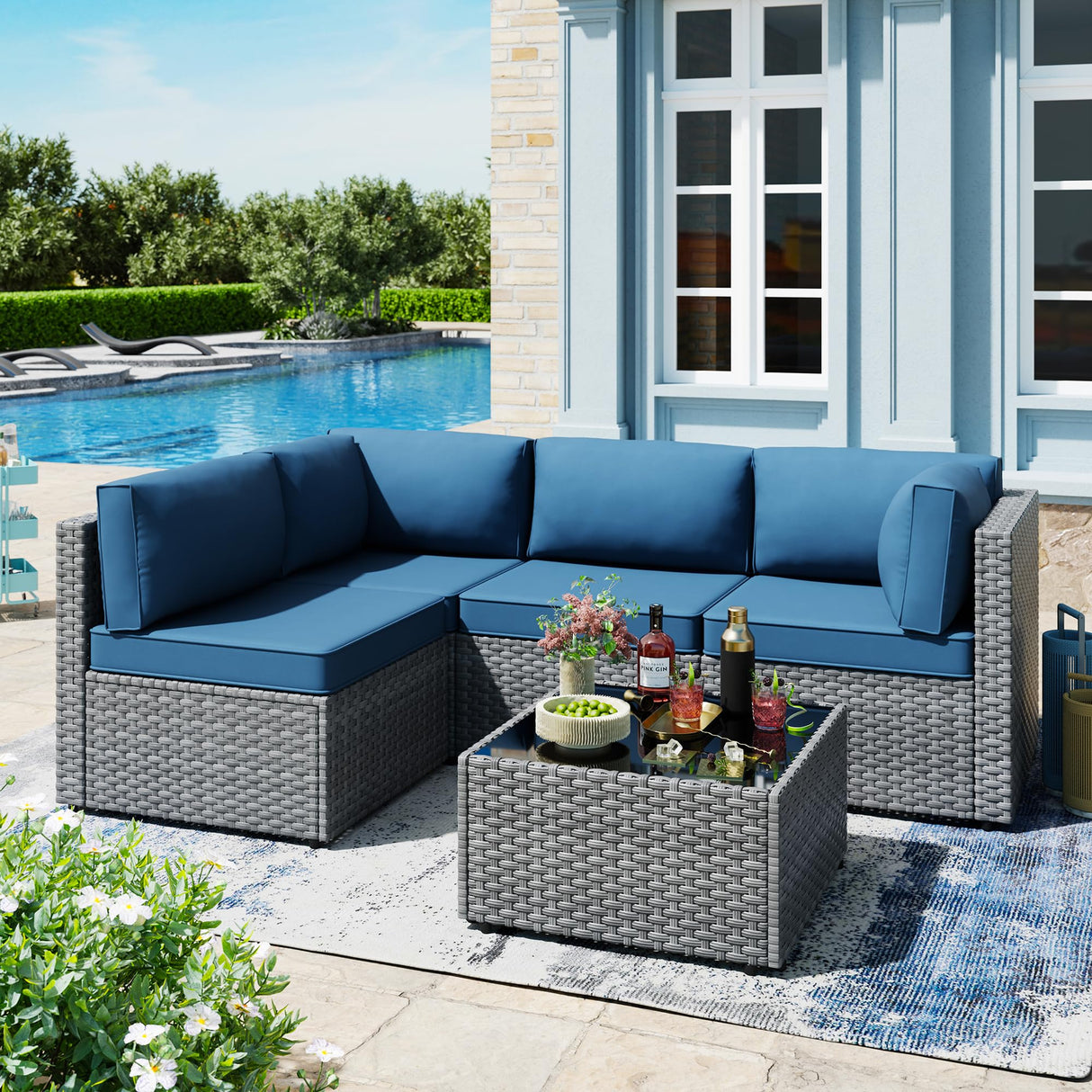 SUNLEI 5pcs Patio Furniture Sets Conversation Set, Low Back All-Weather Rattan Sectional Sofa with Tea Table&Washable Couch Cushions, Outdoor Furniture Set (Silver Rattan) SUNLEI
