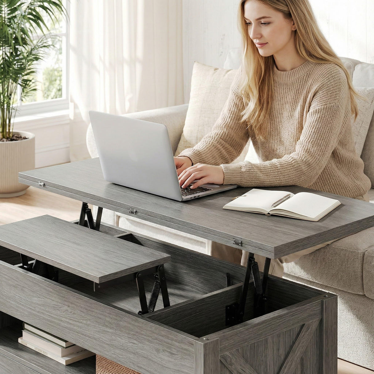 Amada Lift Top Coffee Table, 4 in 1 Convertible Coffee Table with Drawers and Hidden Compartment, Expandable Center Table Converts to Dining Table for Living Room, Wash Grey AMADA HOMEFURNISHING