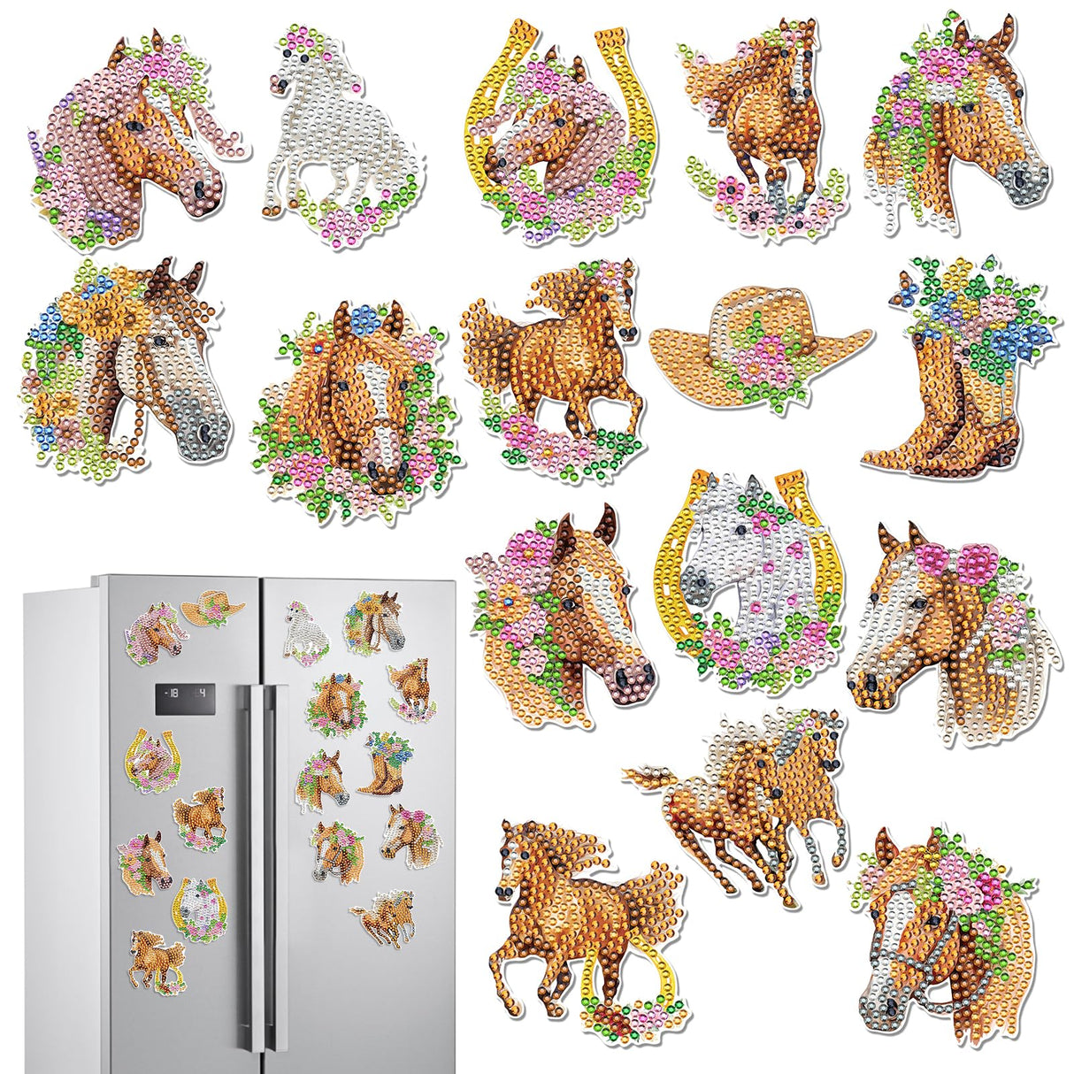 Sitsink Horse Diamond Painting Magnets - 16 Pcs Animals Theme Fridge Magnets DIY Cute Horse Stickers Diamond Art Kits for Adults Refrigerator Art Craft Home Decoration Car Sitsink
