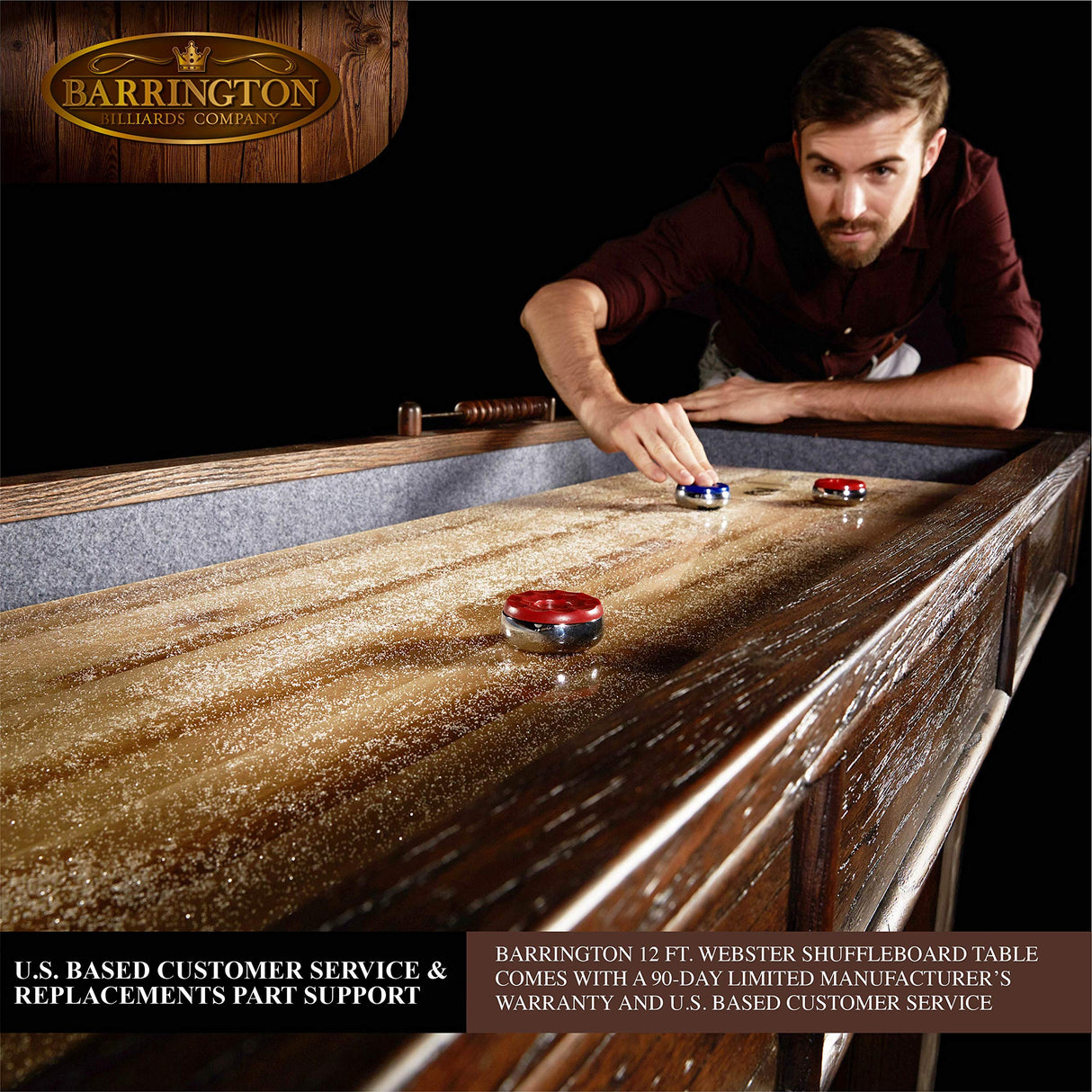 Barrington Billiards 12' Webster Shuffleboard Table with Scratch-Resistant Playfield and 8 Puck Set Barrington Billiards