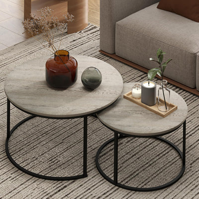 Otterease Nesting Tables Set of 2, 31.5" Round Coffee Table, Small Nesting Coffee Table with Adjustable Non-Slip Fee, Wood Grain Top Nesting Tables for Living Room, Bedroom (Wood Grain Grey)
