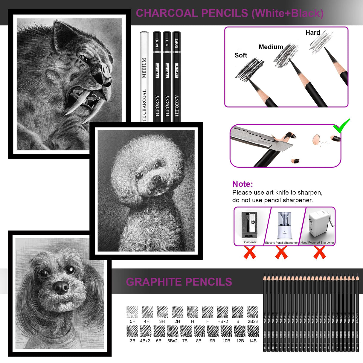 HIFORNY 58 PCS Drawing Kit Sketching Pencil Set,Sketch Pencils Art Supplies with 3-Color Sketchbook,Graphite,Charcoal,Blending Tools,Drawing Pencils for Adults Artists HIFORNY