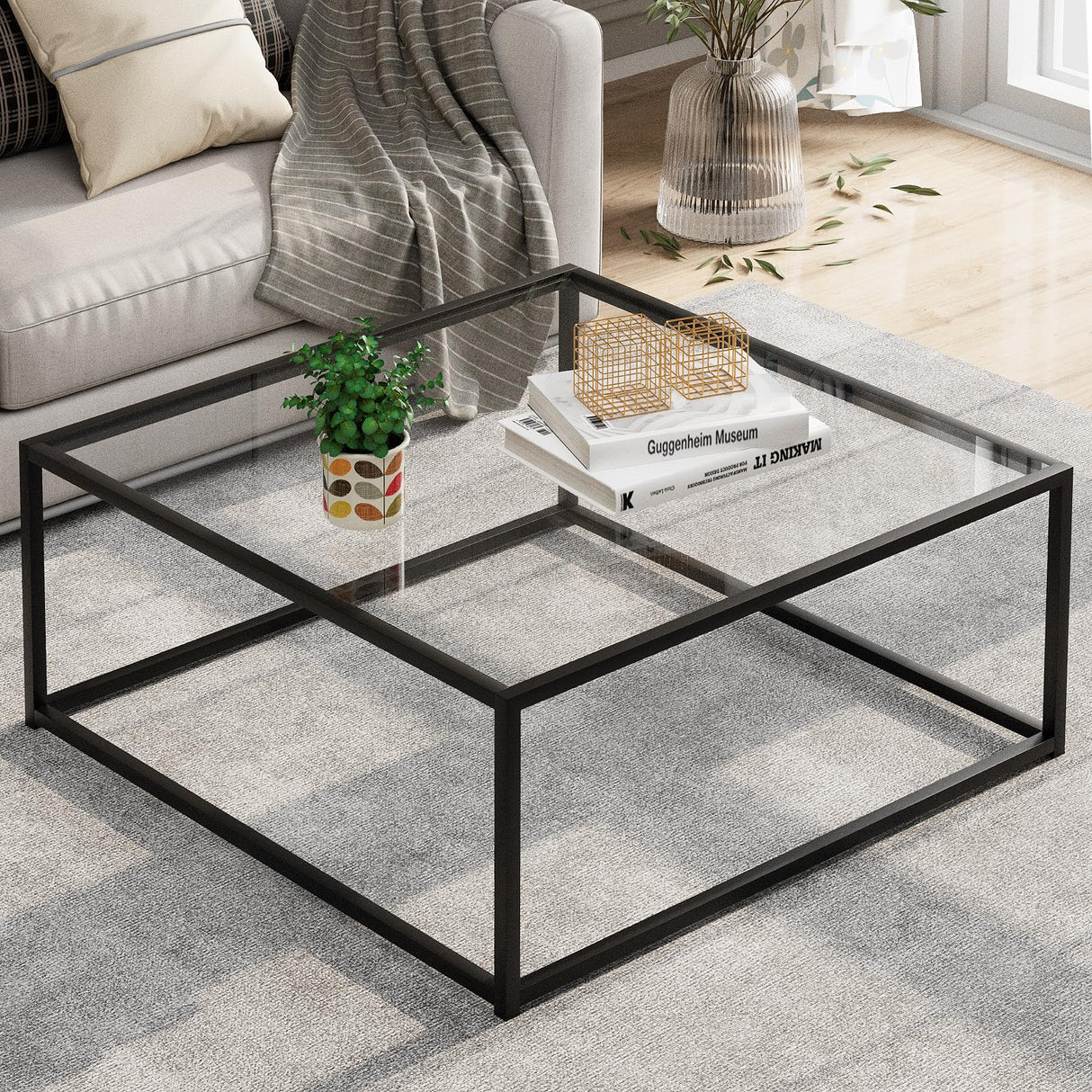 Black Glass Coffee Table for Living Room,Square Coffee Tables for Small Spaces,Simple Tea Cocktail Modern Center Tables, Living Room Tables,Easy Assembly,26 * 26in(Black & Clear Glass) Adompacat