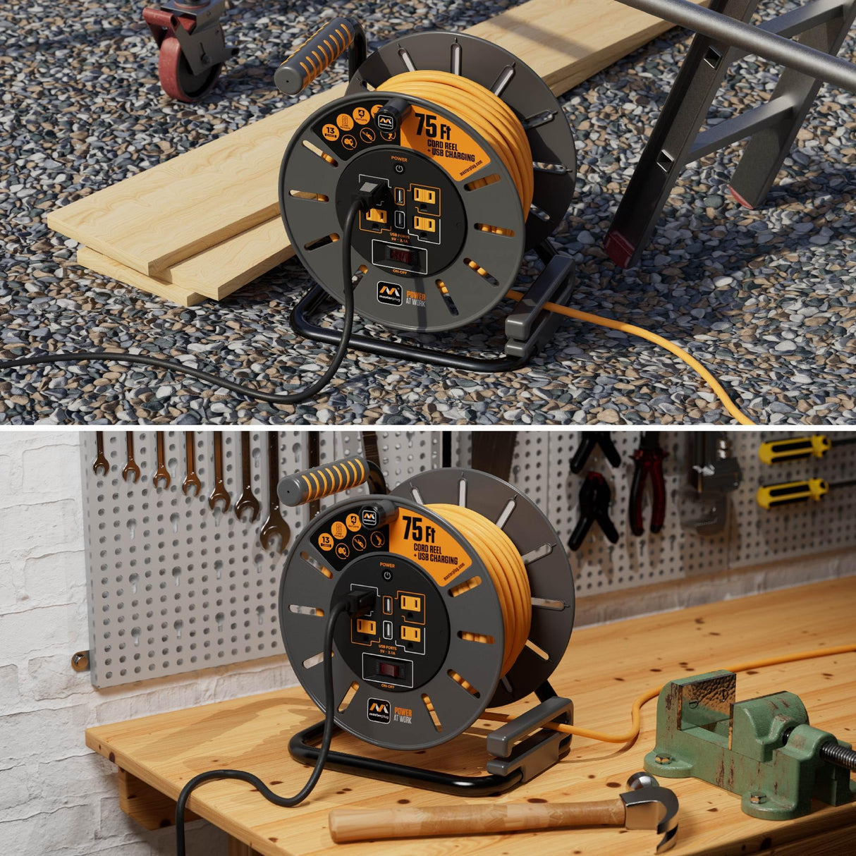 Masterplug 75ft Cord Reel, Retractable Extension Lead with Winding Handle, Safety Overload Circuit Breaker and Power Switch, 4x Grounded Outlets, 2x USB Ports, 15amps, 12AWG Cable Masterplug