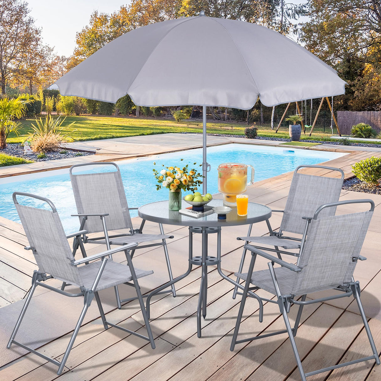 Vongrasig 6 Pieces Folding Patio Dining Set, All Weather Small Metal Outdoor Table and Chair Set, Garden Patio Furniture Set w/Umbrella, Glass Table & 4 Folding Chairs for Lawn, Backyard, Silver Vongrasig