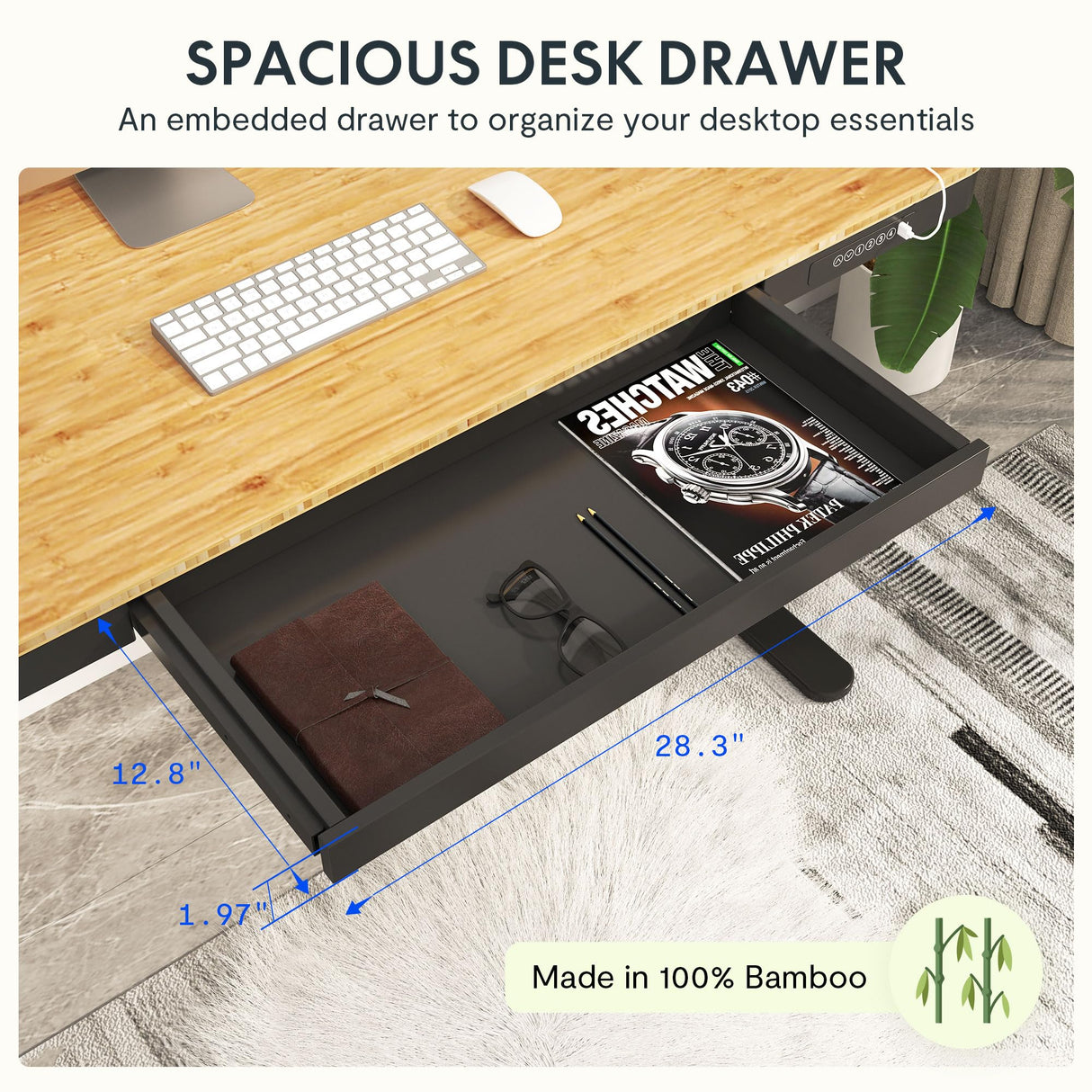 SANODESK Standing Desk with Drawer,Dual Motor 3 Stage Electric Height Adjustable Home Office Desk with Storage & Wireless Charging, 55 inch Bamboo Tabletop/Black Frame SANODESK