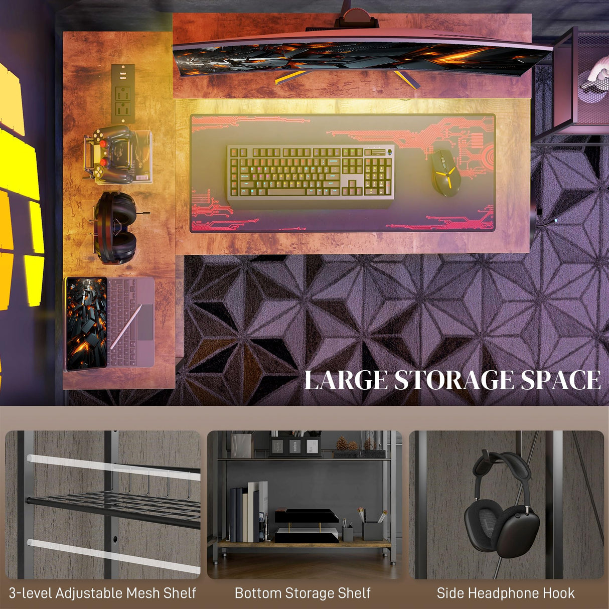 HOMCOM 42" L Shaped Desk with LED Lights, Power Outlet, USB Charging Ports, Reversible L Shaped Computer Desk with Storage Shelves, Monitor Stand, Corner Gaming Desk for Home Office, Rustic Brown HOMCOM