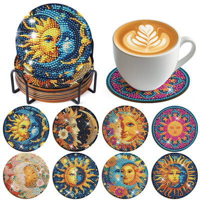 Sun Moon Diamond Art Coasters - 8 Pcs Celestial Boho Sun Diamond Painting Coasters Kit for Adults, Mystic Moon Gem Art Painting Kit for Beginners