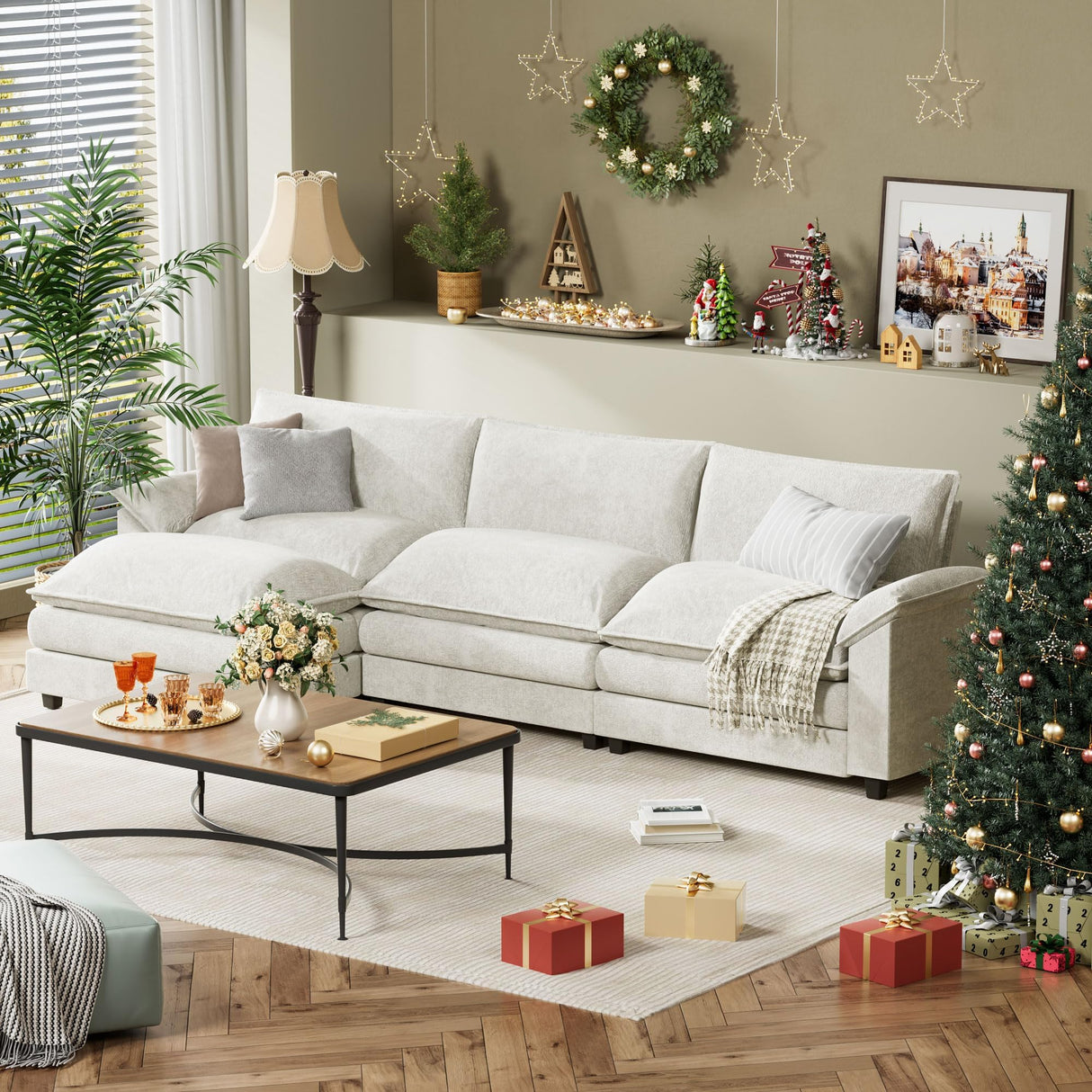 YESHOMY Sectional Modular Sofa L Shaped Chenille Fabric Couch with High Supportive & Soft Sponges and Removable Ottoman, Sleeper Comfy Upholstered Furniture for Living Room, White YESHOMY