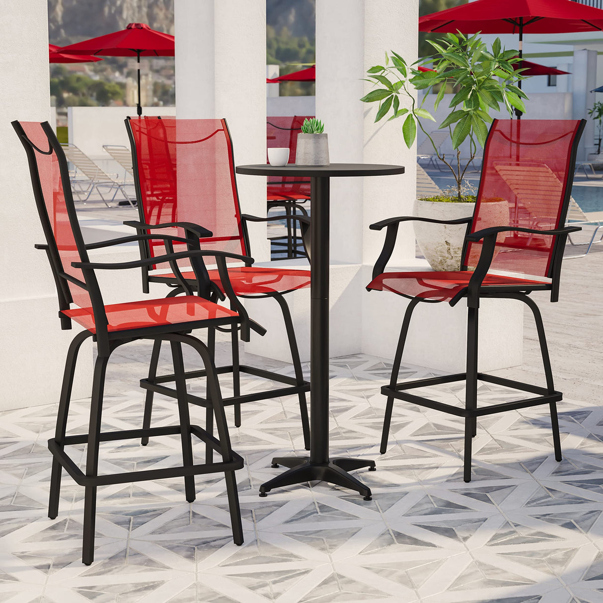 Flash Furniture Valerie Patio Bar Height Stools Set of 2, All-Weather Textilene Swivel Patio Stools with High Back & Armrests in Red Flash Furniture