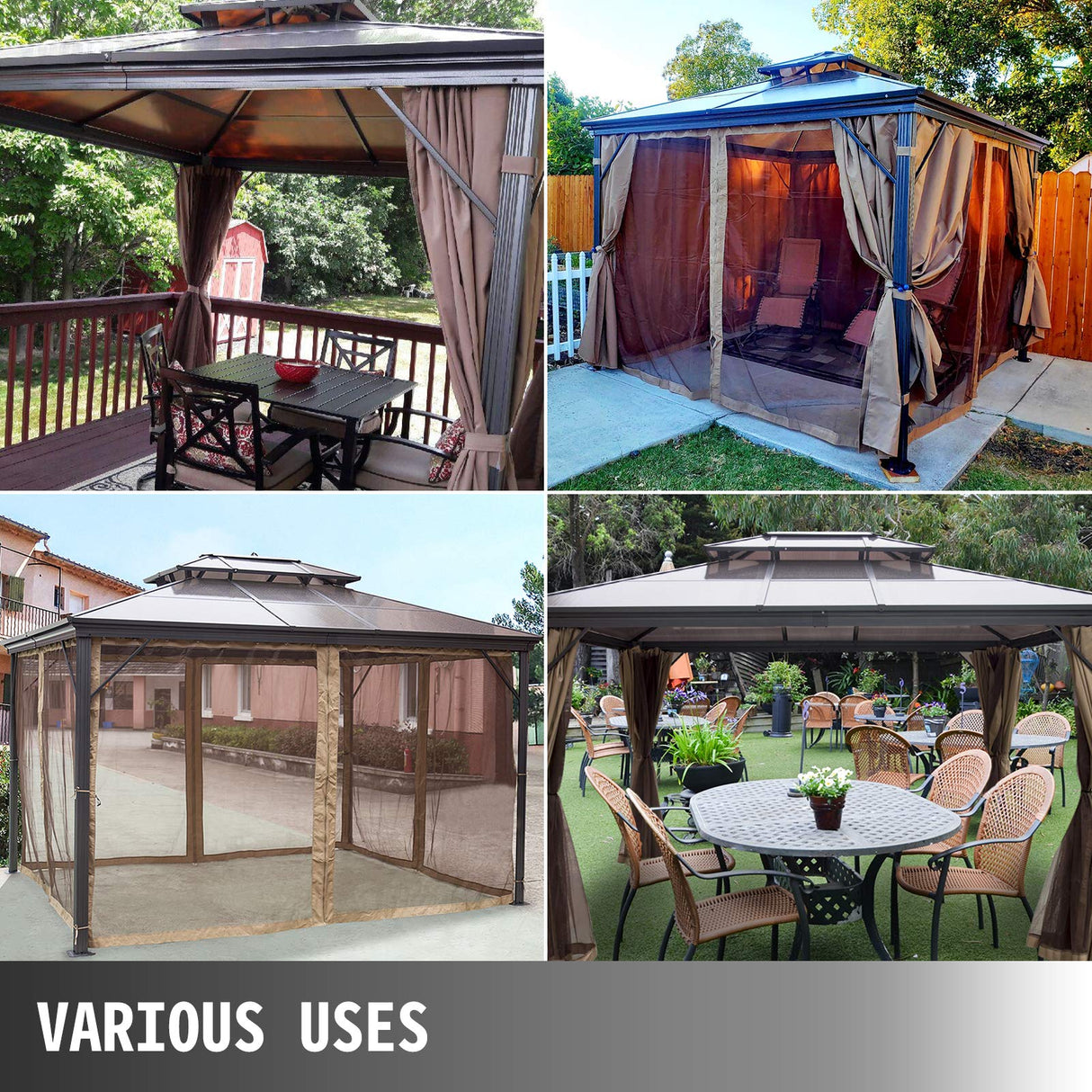 Happybuy Polycarbonate Hardtop Roof Gazebo 10' x 10' with Netting - Metal Gazebo Aluminum Permanent Double Tier Roof- Gazebos for Patios, Backyard, Outdoor and Lawn Happybuy