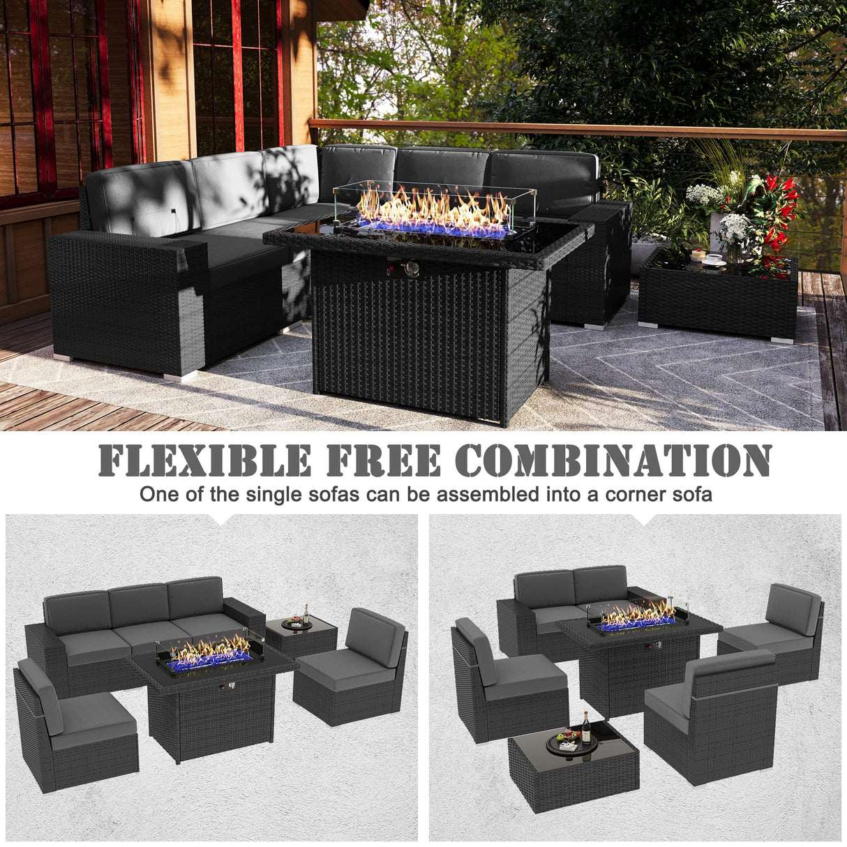 Vakollia 7 Pieces Patio Furniture Set with 44" Propane Gas Fire Pit Table, Outdoor Sectional Wicker Conversation Sofa Sets with Coffee Table Vakollia