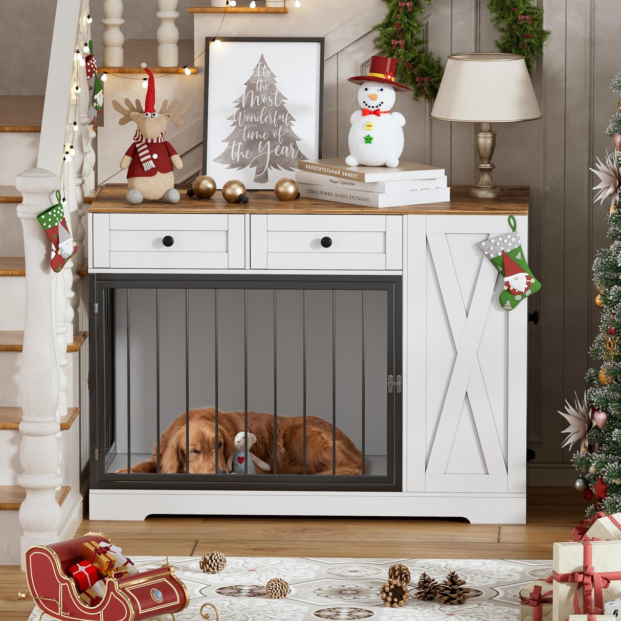 PAKASEPT Dog Crate Furniture, Dog Crate for Small to Large Dogs with Storage Cabinet and Feeder, Dog Kennel Furniture with Double Doors for Small/Medium/Large Dog (White) PAKASEPT