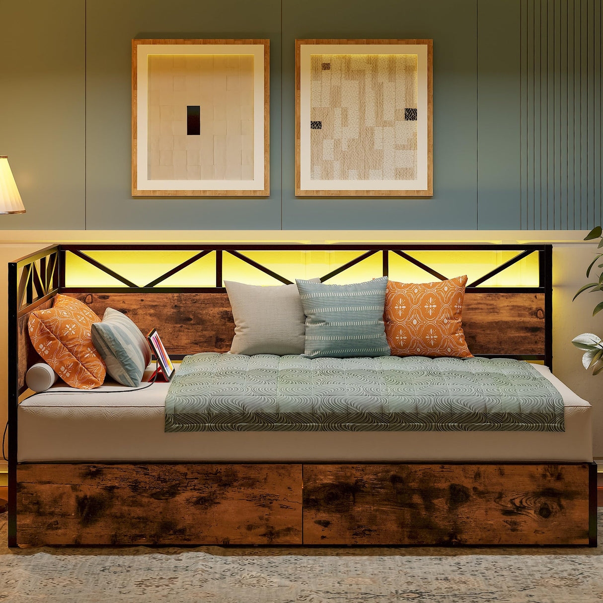 LIKIMIO Twin Daybed with Storage Drawers and Charging Station, Corner Bed Frames with Headboard and LED Lights, Industrial Brown LIKIMIO