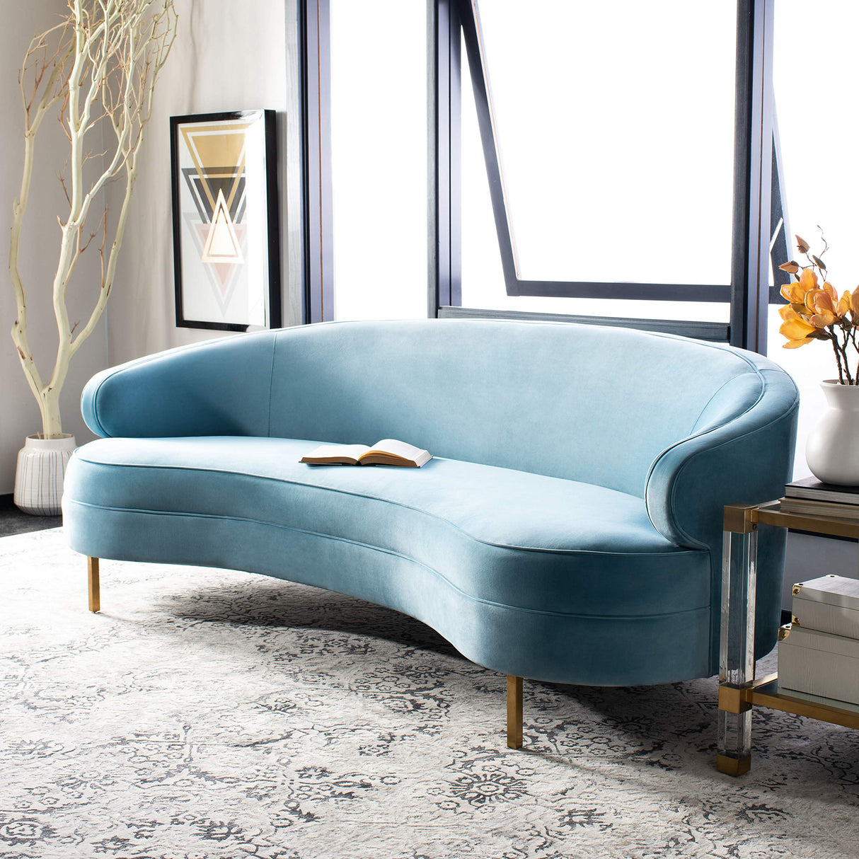 SAFAVIEH Couture Primrose Glam Light Blue Velvet Curved Sofa SAFAVIEH