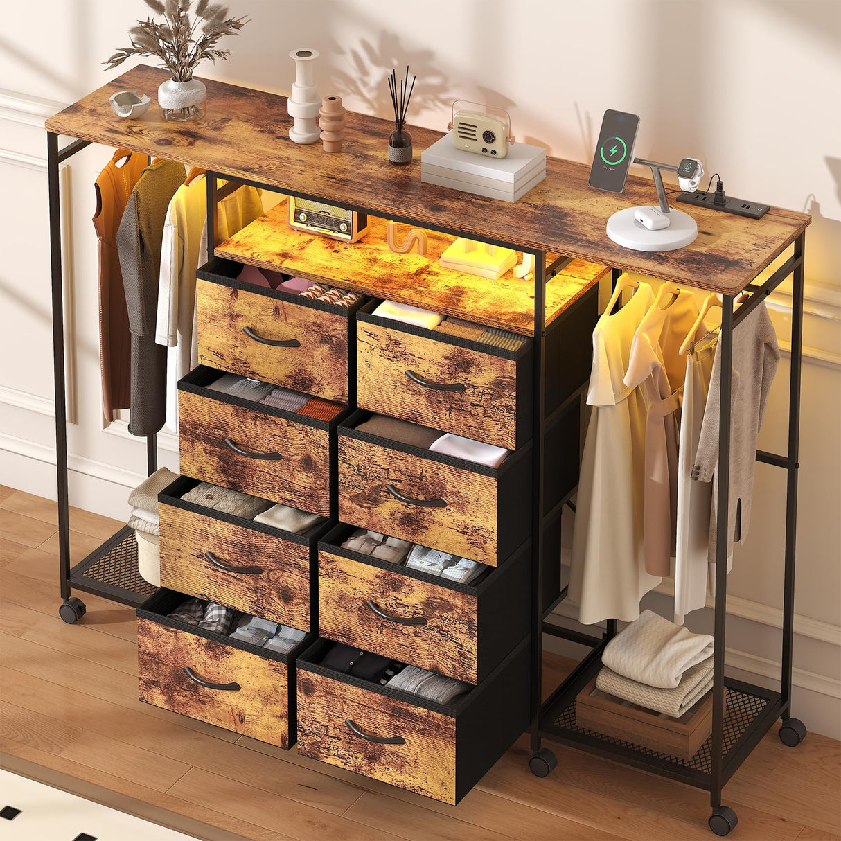 Frmobepts 59.1" W Dresser for Bedroom with Hanging Rack, 8 Drawer Dresser with LED Lights & Charging Station, Fabric Dressers with Portable Wheels,Metal Frame, Wooden Top (Rustic Brown) Frmobepts