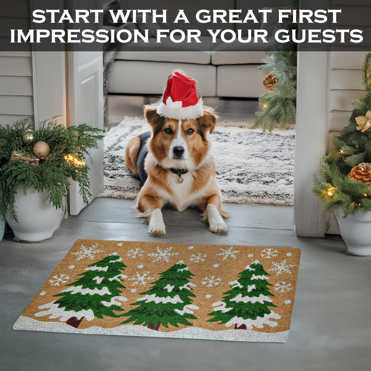 Christmas Tree Door Mat 30x17 Inch, Winter Holiday Welcome Mat for Covered Outdoor Area, Coir Doormat w/Non-Slip PVC Backing MAINEVENT