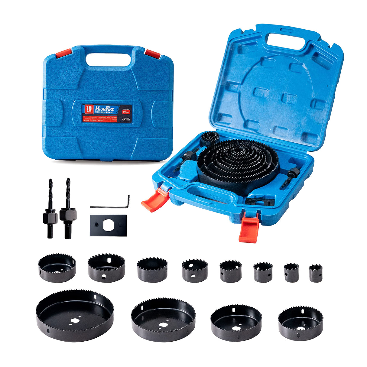 HIGHFIRE 19 PCS Hole Saw Set 3/4"-6"(19-152mm) for Soft Wood, Plywood, Drywall and PVC Board, 13PCS Hole Saw Kit, 2 Mandrels, 3 Drill Bits, 1 Hex Key Highfire