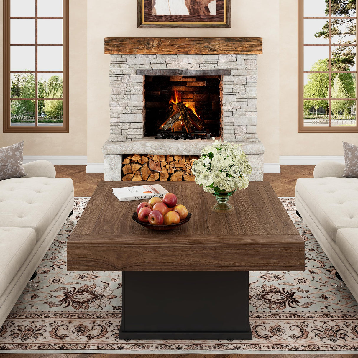 LED Coffee Tables for Living Room, 33.5" Square Center Table with Storage & Hidden Shelf, Large Modern Coffee Table Desk with RGB Lights, Living Room Tables Cocktail Table, Plug-in Use (Vintage Brown) knoworld