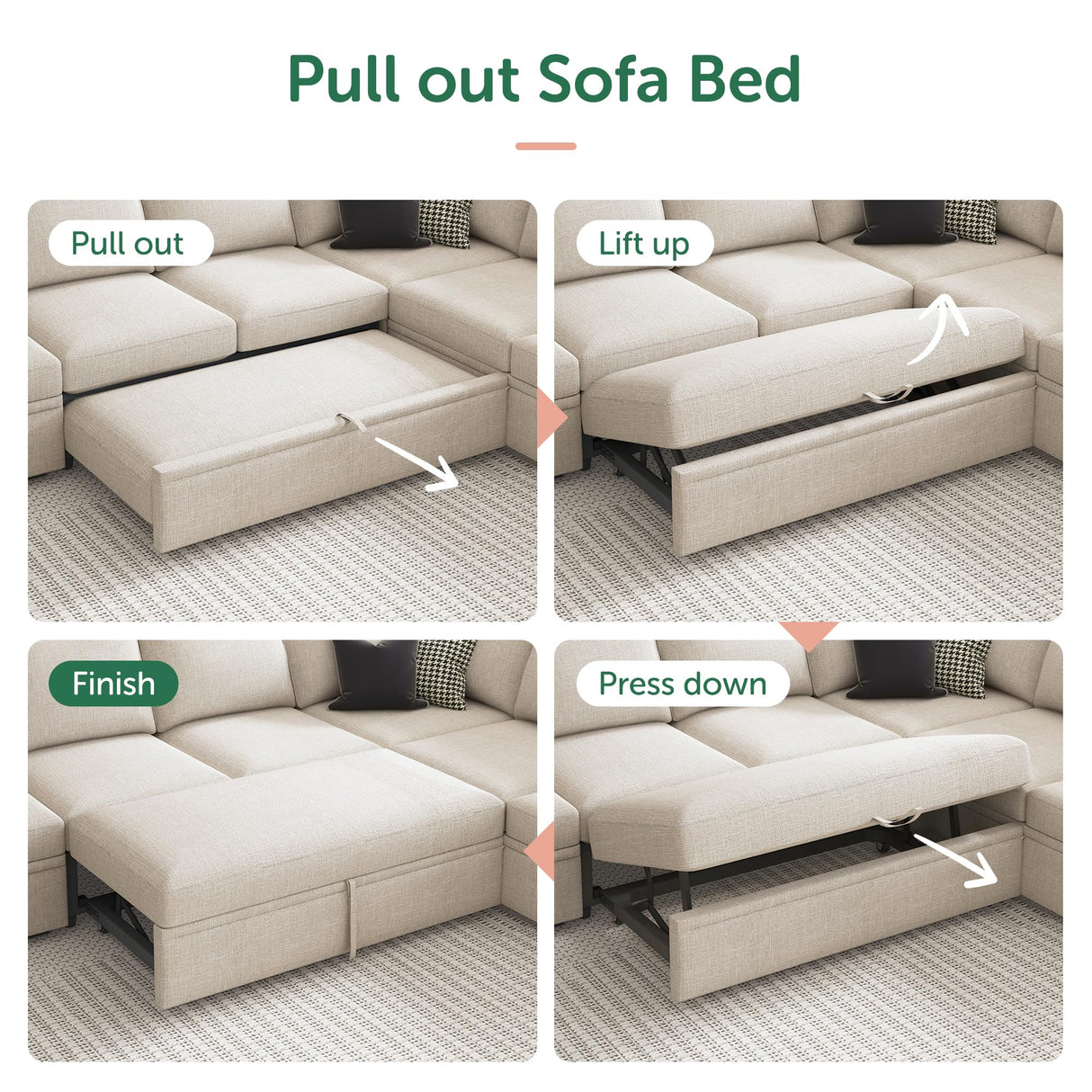 HONBAY Modular Sectional Sleeper Sofa with Pull Out Bed, U Shaped Sectional Couch with Storage Ottoman Convertible 7-Seater Sofa, Beige HONBAY