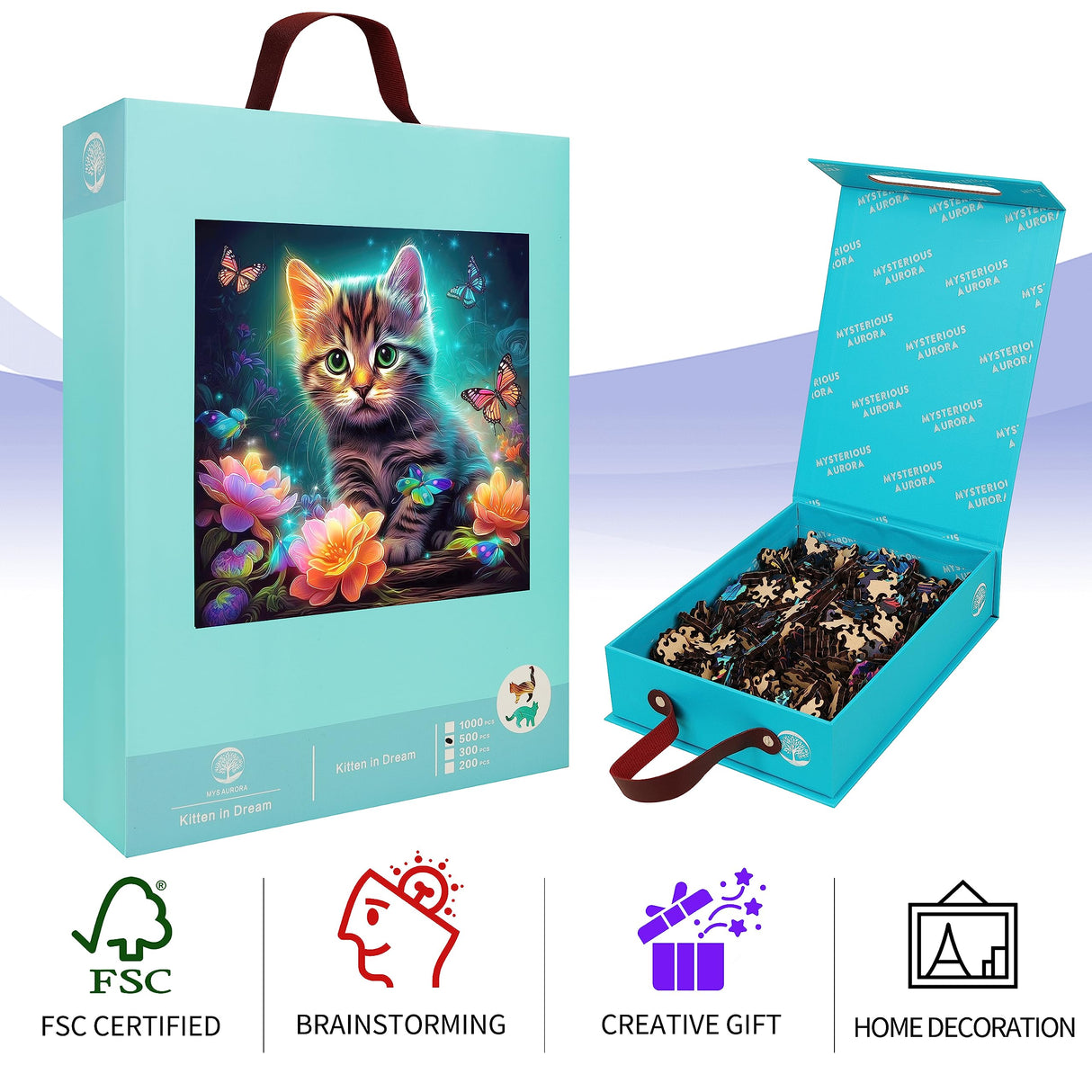 Mys Aurora Wooden Puzzles, Kitten in Dream Wooden Jigsaw Puzzles 500 Piece, Unique Luxurious Shaped Wood Puzzle for Adults and Kids, Best Gift for Birthday 11.2 x 11.2 Inch Mys Aurora
