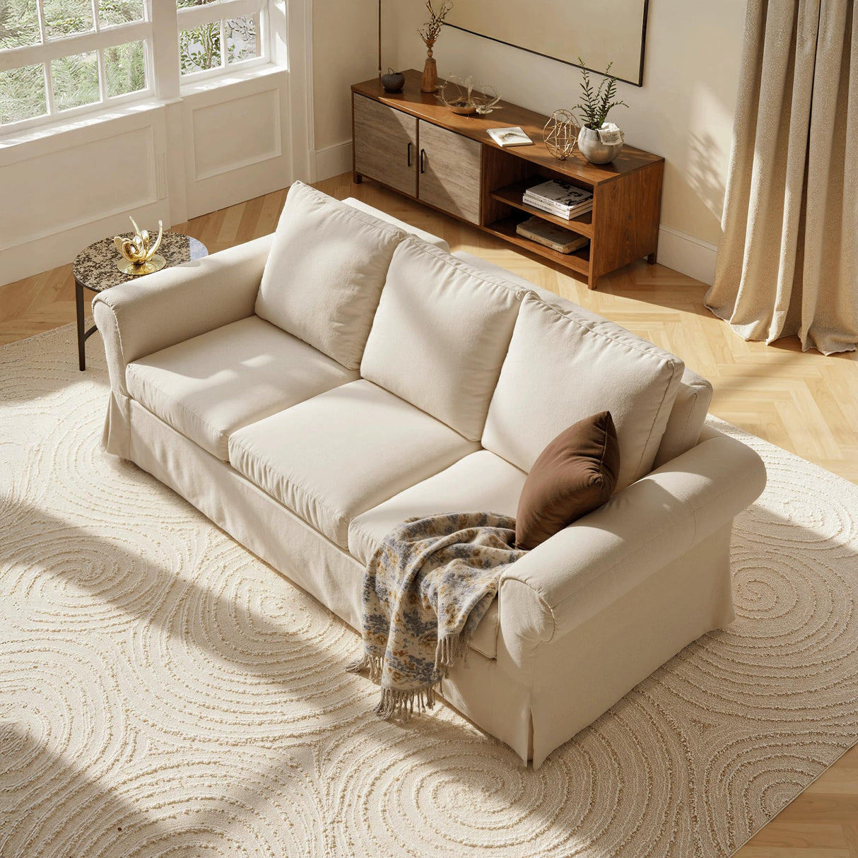 89" 3-Seater Couch with Rolled Arm, Farmhouse Slipcovered Sofa with Washable Cover, Supportive Cushions & Sturdy Frame, White Couches for Living Room, Small Spaces, Apartment, Office, Easy Assembly Vorthio