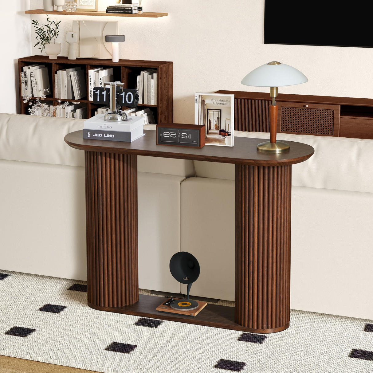 RUSTYER Fluted Console Table, Farmhouse Oval Curved Entryway Table with Storage and Fluted Wood Legs, Narrow Small Long Entry Sofa Table for Entrance, Hallway, Living Room (Walnut) RUSTYER