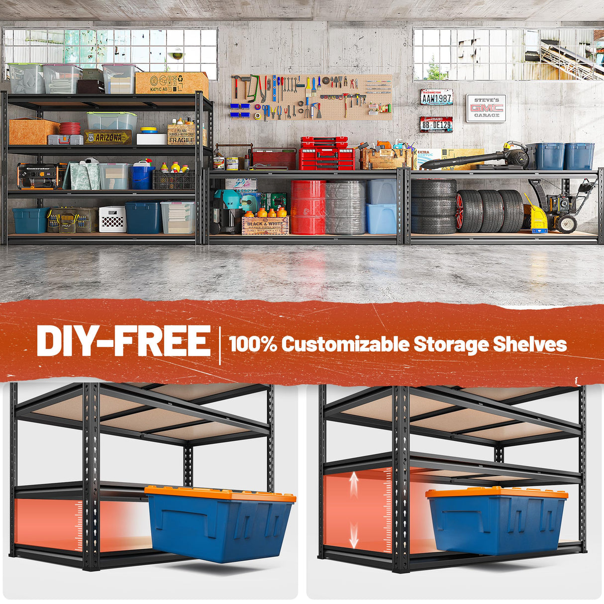 REIBII 48" W Garage Shelving Heavy Duty Storage Shelves 4 Tier Heavy Duty Shelving 2550LBS Adjustable Metal Shelves for Garage Storage Rack Utility Rack Industrial Shelf,47.9" W X60.2 H X 24" D REIBII