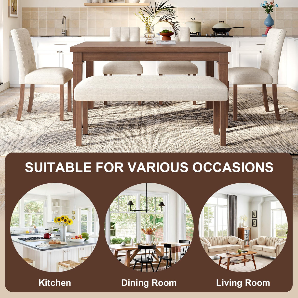 VilroCaz Modern 6-Piece Dining Table Set, Solid Wood 60'' Rectangle Kitchen Table with 4 Upholstered Chairs & Bench, Home Kitchen Dining Room Set for 6 (Walnut-7.19) VilroCaz