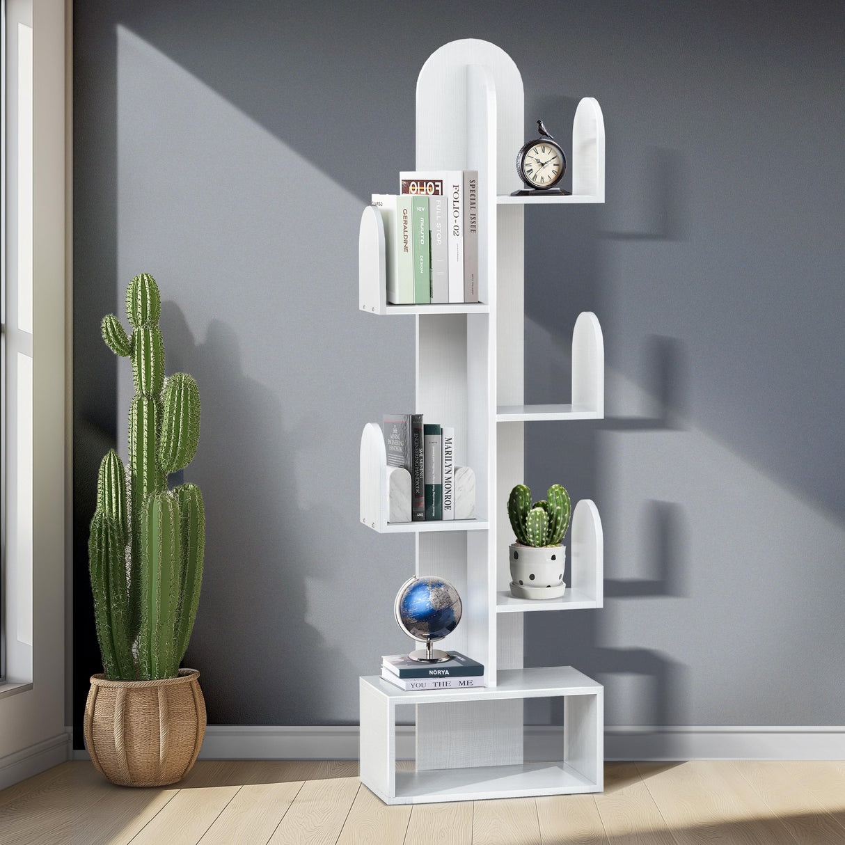 DOZILY Cactus Tree Bookshelf, 5-Tier Wood 50" Tall Book Storage Rack for CDs/Movies/Books, Small Space-Saving Organizer Shelves for Living Room, Bedroom, Home Office (White) DOZILY