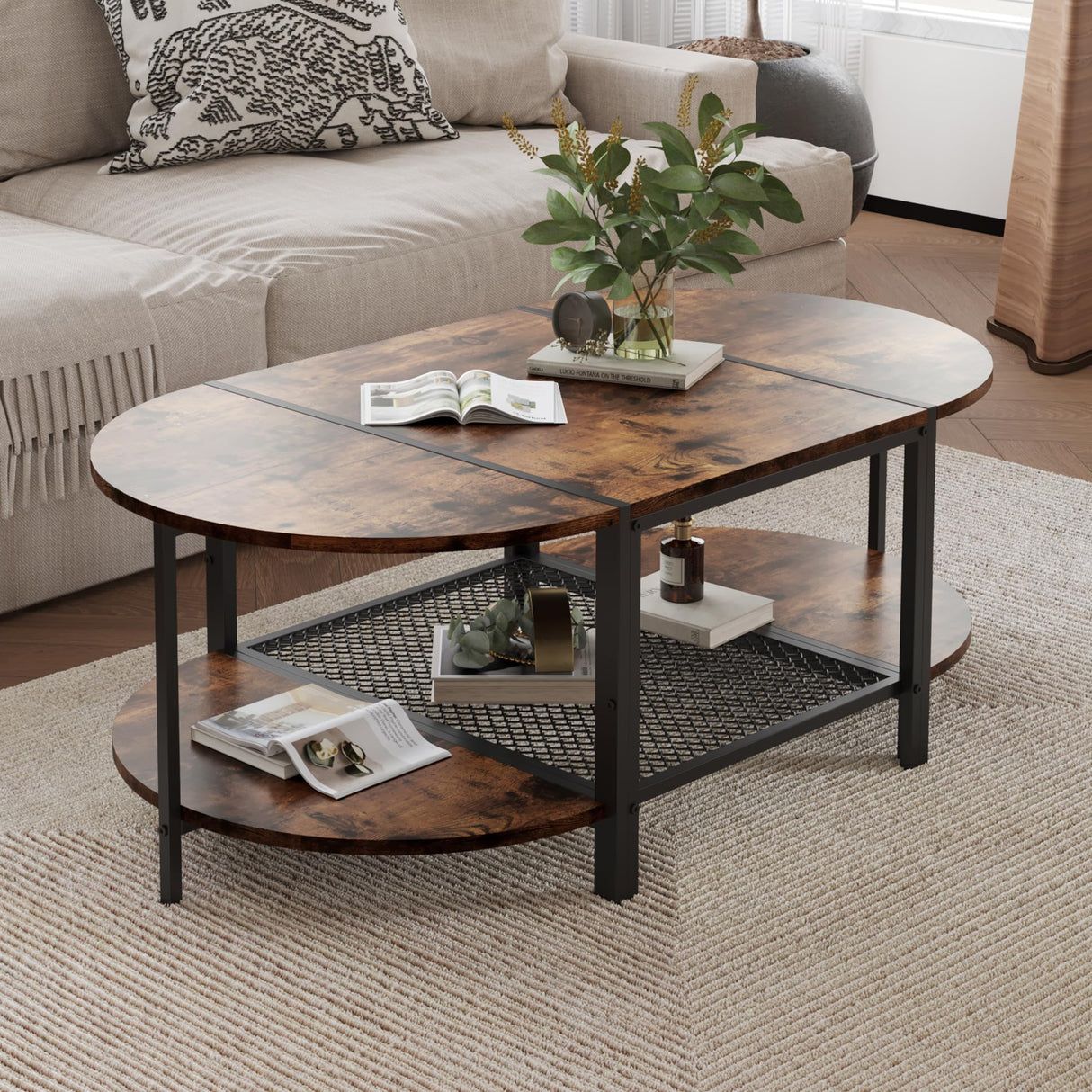 SENIG Oval Coffee Table with Rustic Wood Finish, 2-Tier Storage Shelf and Metal Frame, Living Room Center Table Modern, Vintage Brown SENIG