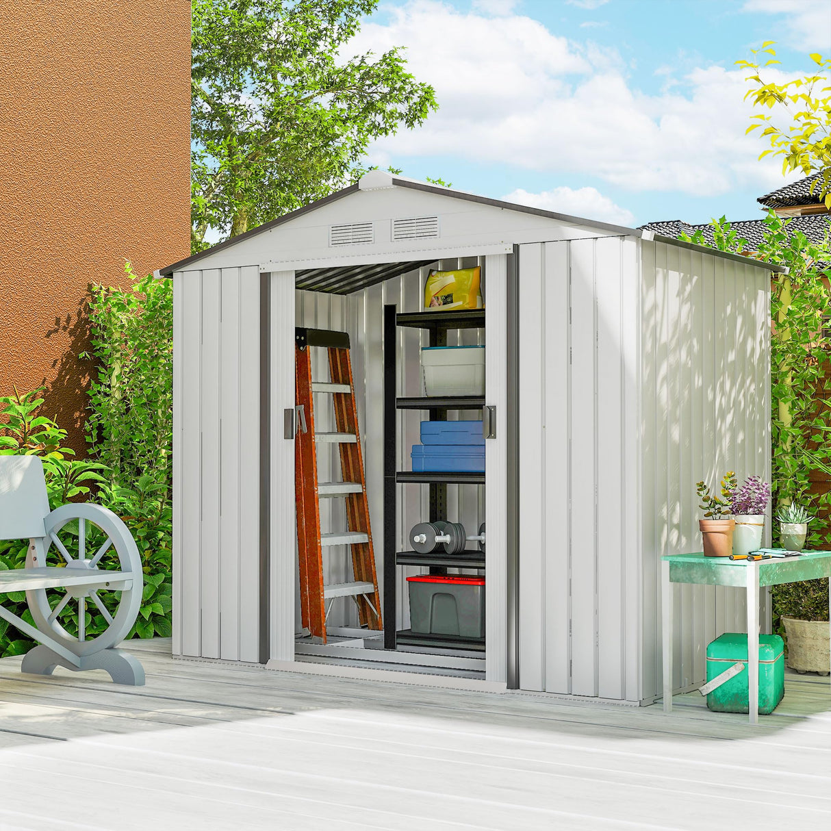 Outsunny 7' x 4' Outdoor Storage Shed, Garden Tool Metal Shed with Foundation Kit, Double Lockable Door, Air Vents and Sloping Roof, for Backyard, Patio, Lawn, White Outsunny