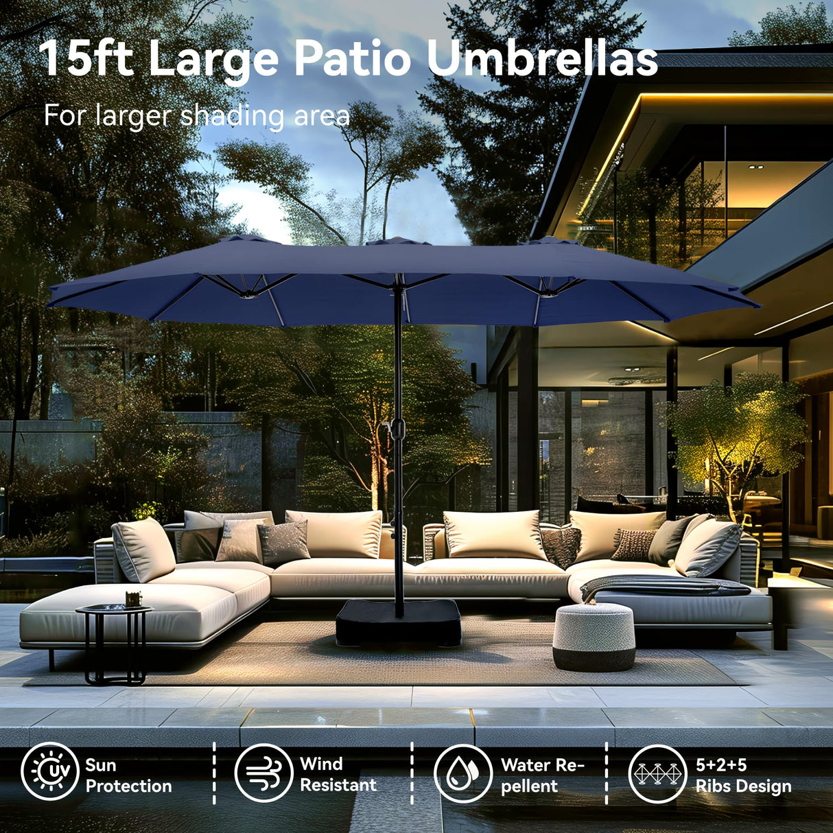 PHI VILLA 15ft Large Patio Umbrellas with Base Included, Outdoor Double-Sided Rectangle Market Umbrella with Crank Handle, for Pool Lawn Garden, Blue PHI VILLA