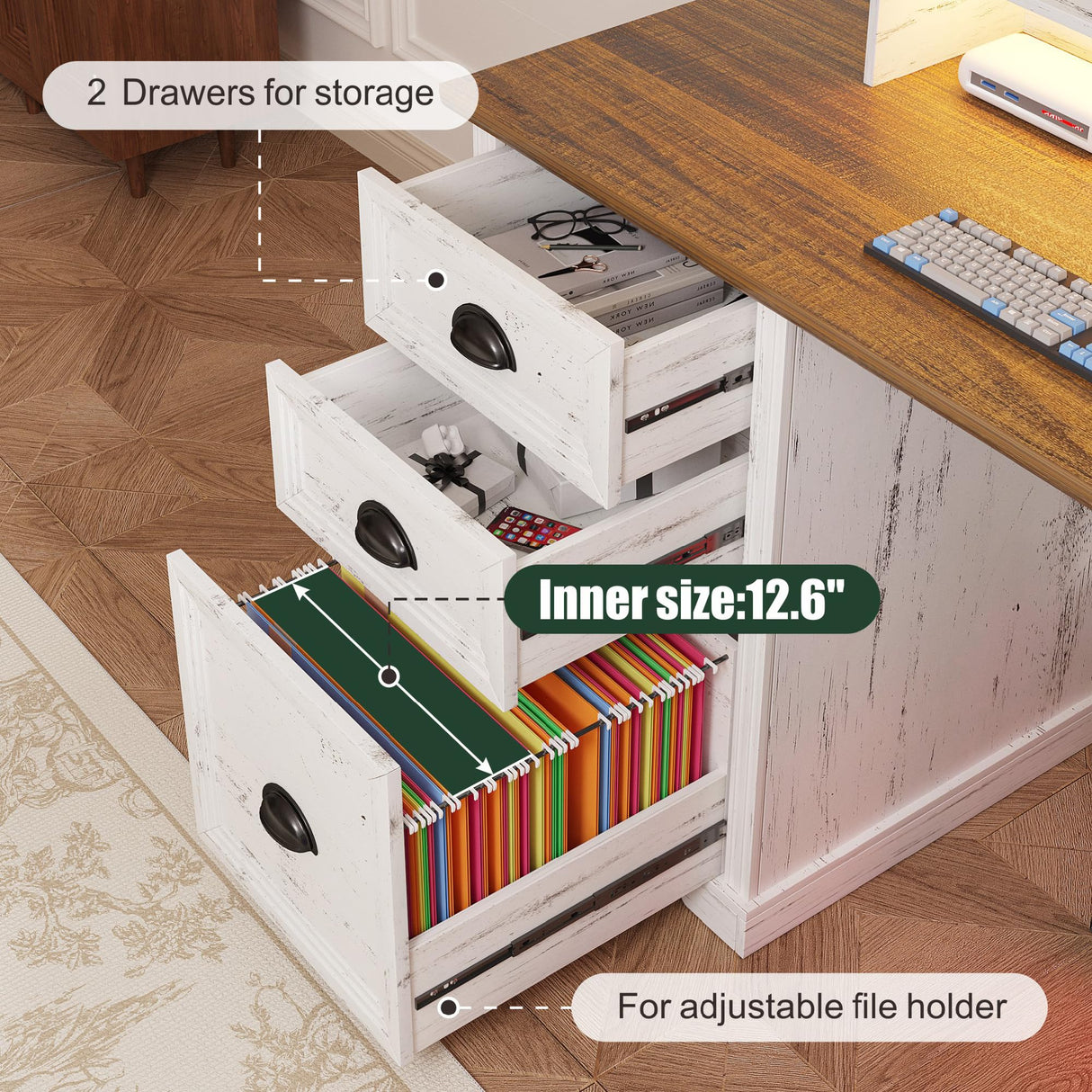 Lareth L Shaped Desk with Monitor Stand Farmhouse Computer Desk with Led Light and Power Outlet, Executive Desk for Home Office Room Workstation with File Cabinet for Working Gaming, Antique White Lareth