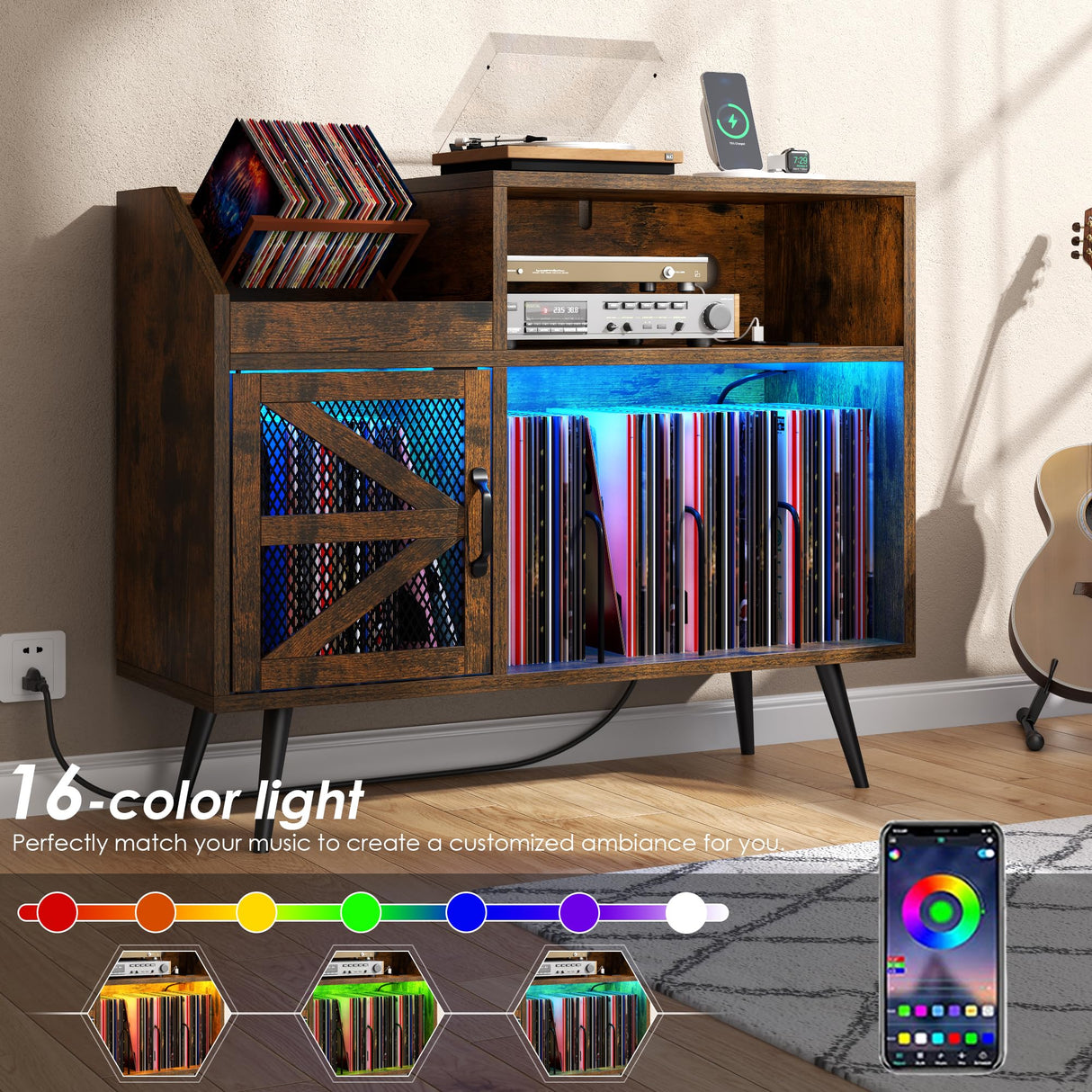 Gyfimoie Record Player Stand Holds Up to 350 Albums, Turntable Stand with LED Light, Records Storage Cabinet with Power Outlet, Record Player Table with Vinyl Storage(Brown) Gyfimoie