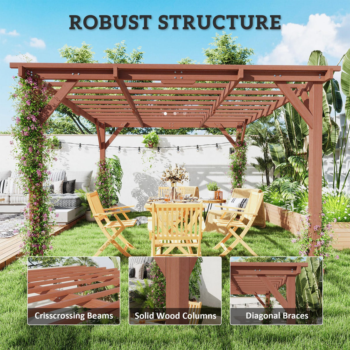 Outsunny 11' x 12.5' Outdoor Wood Pergola with Grape Trellis with Stable Structure for Climbing Plant Support for Patio, Deck, Backyard, Lawn, Brown Outsunny