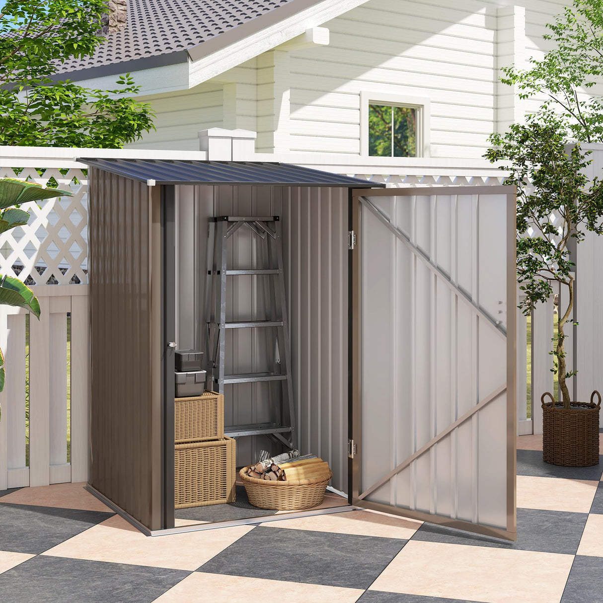 Outsunny 3.3' x 3.4' Outdoor Storage Shed, Metal Garden Tool House with Sloping Roof and Lockable Door for Backyard, Bike, Patio, Garage, Lawn, Brown Outsunny