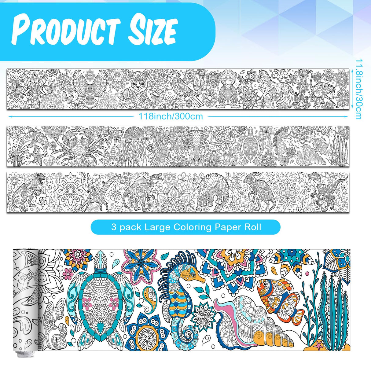 Pasimy 3 Pieces Giant Coloring Posters 11.8 x 118 Inch Mandala Animals Jumbo DIY Drawing Paper Large Coloring Sheets Pages Huge Mandala Drawing Banner for Adult Kids Home Classroom Craft Art Activity Pasimy